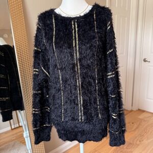 Oversized Black Rivet Fuzzy Eyelash‎ Knit Sweater Black Gold Striped Pullover